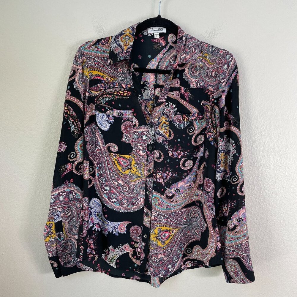 EXPRESS Portofino Shirt Womens Small Paisley Button Up Roll Tab Sleeve Blouse